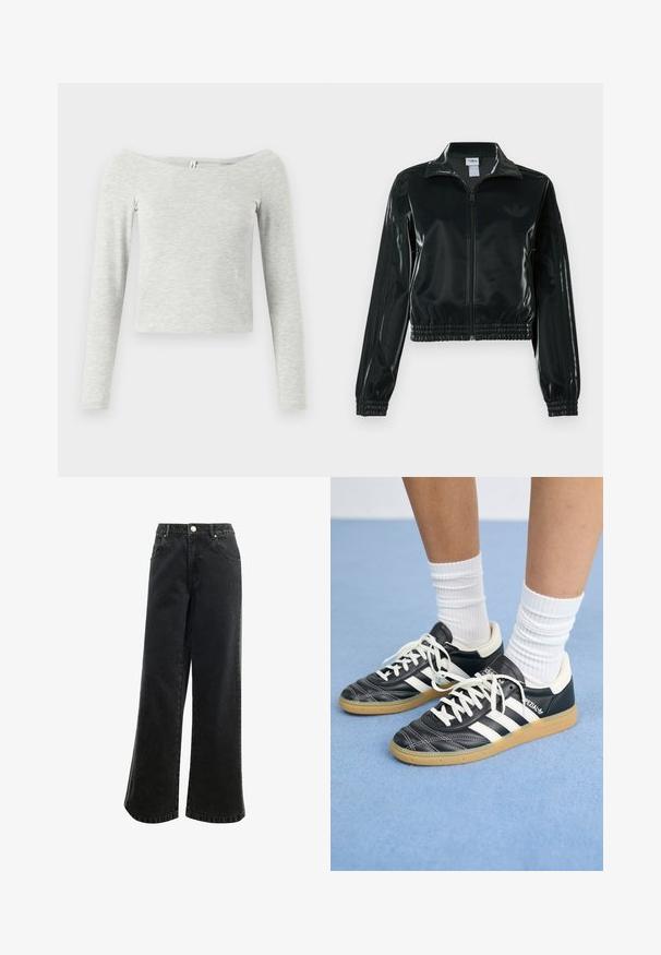 Schwarze glänzende, kurz geschnittene Jacke mit Reißverschluss vorne, hohem Kragen und elastischem Saum. Verfügt über drei Streifen an den Ärmeln und ein kleines Logo auf der Brust.; Graues Langarmoberteil mit Off-Shoulder-Design, aus weichem, leichtem Stoff gefertigt, mit einer einfachen, eleganten Silhouette.; Hochbundige, weit geschnittene schwarze Jeans mit Knopfverschluss, fünf Taschen und einem kleinen, auf der Vorderseite gestickten Logo. Strukturierter Stoff.; Schwarze Ledersneaker mit weißen Streifen, runder Zehenpartie, weißen Schnürsenkeln und Gummisohle. Abgerundet durch gepolsterten Kragen und Branding-Details.