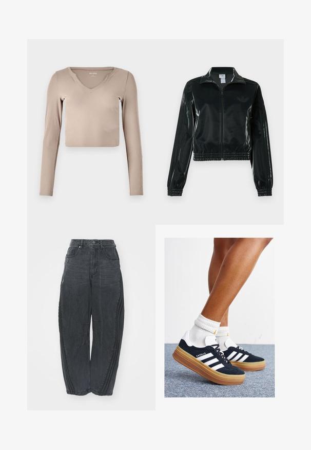 Black glossy cropped jacket with a zip front, high collar, and elasticized hem. Features three stripes on sleeves and a small logo on the chest.; Long-sleeve, cropped top in light beige ribbed fabric with a V-neckline and minimal stitching details on the collar.; Baggy black denim jeans with a faded finish, five pockets, a waist button closure, and stitched detailing on the front and sides.; Black suede sneakers with white stripes and accents, rounded toe, gum rubber outsole, paired with white ribbed crew socks.