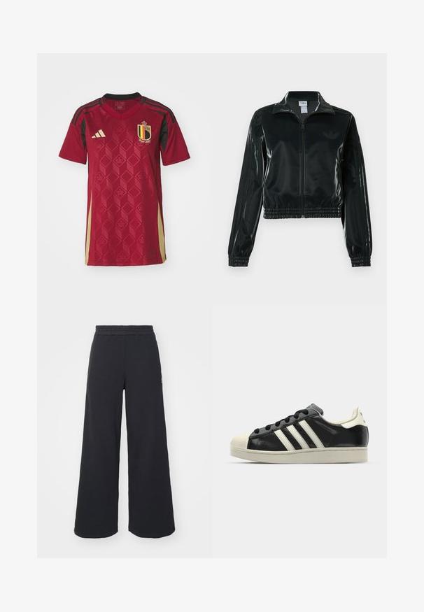 Fekete, fényes rövidített dzseki cipzárral az elején, magas gallérral és elasztikus szegéllyel. Három csík díszíti az ujjakat, és kis logó található a mellrészen.; Piros focimez, geometrikus gyémántmintázattal, fekete kiemelésekkel és sárga-fekete csíkkal ellátott címerrel, könnyű anyagból készült.; Fekete, bő szárú melegítőnadrág, puha anyagból készült, rugalmas derékkal és egy kis logóval a bal oldalon.; Fekete bőrsneaker fehér csíkokkal, gumírozott orral, fekete fűzővel és krém színű talppal. Simaság és fényes felület jellemzi.