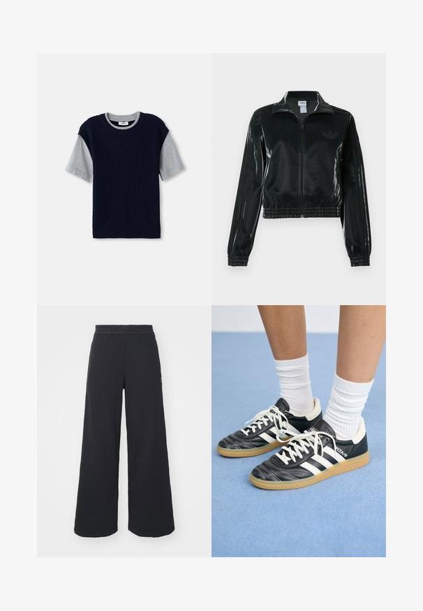 Zwarte glanzende cropped jas met een ritssluiting aan de voorkant, hoge kraag en elastische zoom. Voorzien van drie strepen op de mouwen en een klein logo op de borst.; Marineblauwe gebreide trui met grijze korte mouwen, ronde hals en ribbelstructuur. Heeft contrasterende kleuren in een gelaagd ontwerp.; Zwarte wijde sweatpants gemaakt van zachte stof, met een elastische tailleband en een klein logo aan de linkerkant.; Zwarte leren sneakers met witte strepen, ronde neus, witte veters en een gumrubberen zool. Versterkt met een gevoerd kraag en merkdetails.