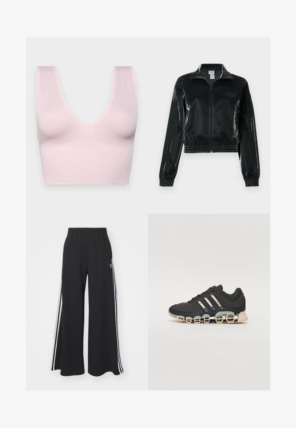 Casaco curto preto brilhante com fecho de correr frontal, gola alta e bainha elástica. Apresenta três riscas nas mangas e um pequeno logotipo no peito.; Sutiã rosa com nervuras, design em V e alças largas. Feito de material macio e elástico; construção sem costuras para maior conforto.; Calças de suor largas e pretas com uma cintura elástica, apresentando riscas brancas nas laterais e um logótipo bordado na coxa esquerda.; Shoe desportivo preto com um upper texturizado, três riscas prateadas e uma sola de amortecimento distinta, apresentando múltiplas secções integradas.