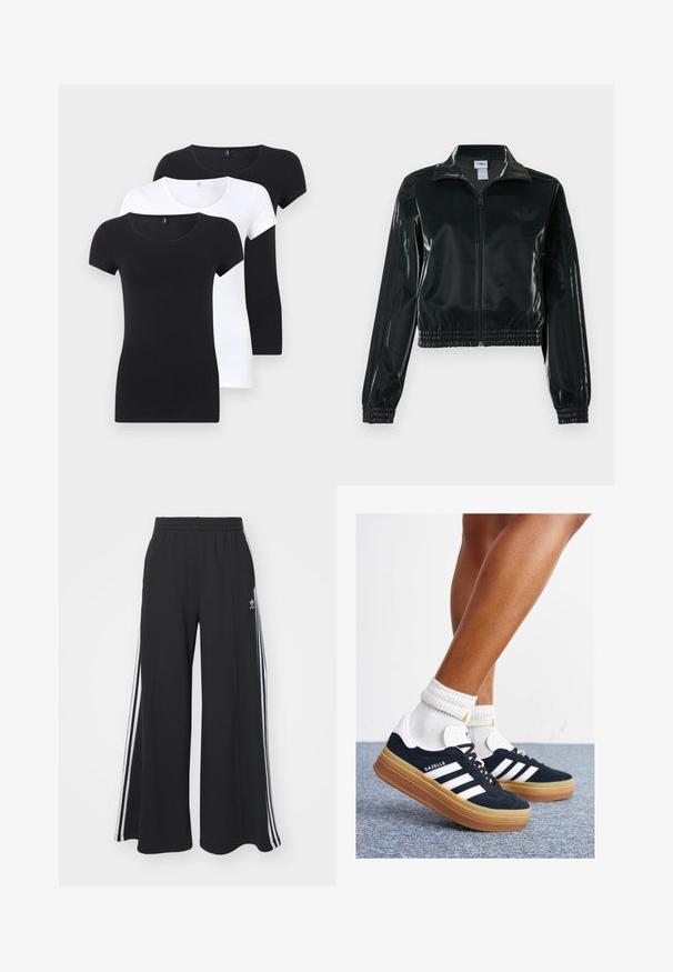 Musta kiiltävä lyhyt takki vetoketjulla, korkealla kauluksella ja joustavalla helmalla. Hihoissa on kolme raitaa ja rinnassa pieni logo.; Kolme T-paitaa, joissa on pyöreä kaula-aukko: kaksi mustaa lyhythihaista ja yksi valkoinen lyhythihainen, valmistettu elastisesta kankaasta.; Mustat löysät verkkarit, joissa on joustava vyötärö, valkoiset sivuraidat ja brodeerattu logo vasemmassa reidessä.; Musta mokkanahkainen tennari, jossa valkoiset raidat ja yksityiskohdat, pyöreä kärki, purukumipohja, yhdistetty valkoisiin ribbineuleisiin nilkkasukkiin.