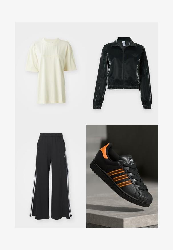 Fekete, fényes rövidített dzseki cipzárral az elején, magas gallérral és elasztikus szegéllyel. Három csík díszíti az ujjakat, és kis logó található a mellrészen.; Tejkrém színű pamut póló, kerek nyakkal, rövid ujjakkal és domború "adidas" logóval a mellkason. Sima textúrájú és laza fazonú.; Fekete, bő szárú melegítőnadrág, rugalmas derékkal, fehér oldalsávokkal és hímzett logóval a bal combon.; Fekete sportcipő narancssárga részletekkel, három vízszintes csíkkal, texturált bőr felsőrésszel, gumis orral és fekete fűzőkkel.