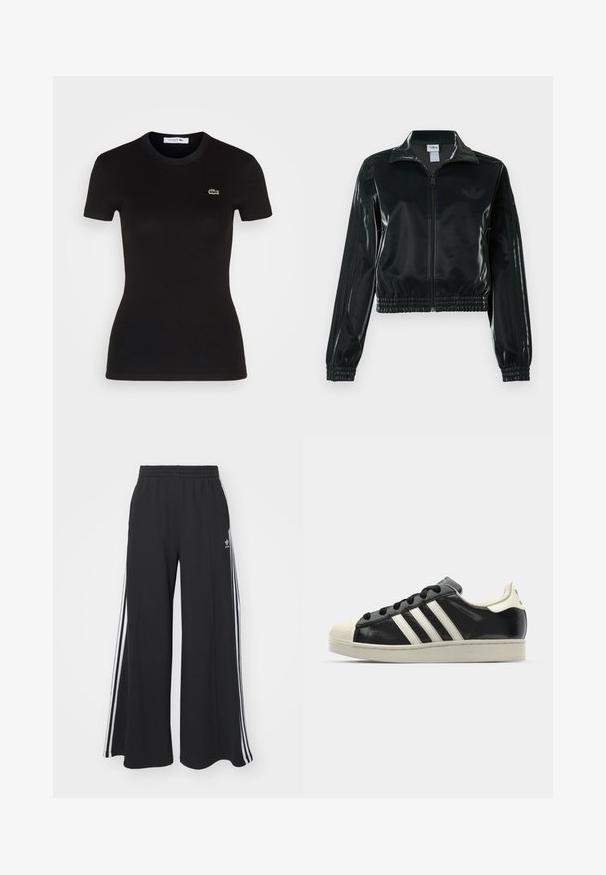 Casaco curto preto brilhante com fecho de correr frontal, gola alta e bainha elástica. Apresenta três riscas nas mangas e um pequeno logotipo no peito.; T-shirt preto canelado de manga curta com um decote redondo, apresentando um pequeno logótipo do crocodilo verde da Lacoste no lado esquerdo do peito.; Calças de suor largas e pretas com uma cintura elástica, apresentando riscas brancas nas laterais e um logótipo bordado na coxa esquerda.; Sapatilha de couro preto com riscas brancas, biqueira de borracha, atacadores pretos e sola na cor creme. Textura suave com acabamento brilhante.