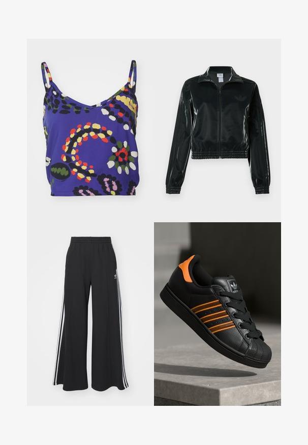 Must läikiv lühike jakk lukuga esiküljel, kõrge krae ja elastse äärega. Varrukatel on kolm triipu ja rinnal väike logo.; Erksine lilla ilma varrukatega topp, millel on V-kaelus, esitleb abstraktseid mustreid rohelises, kollases, punases, mustas ja valges. Sile kangaste lõpuleviimine.; Mustad laiad trenni püksid elastse vöökohtaga, millel on valged küljeribad ja tikitud logo vasakul reiel.; Mustad mustad mustad oranzhides üksikasjad, kolm horisontaalset triipu, tekstureeritud nahk pealisosa, kummist varbaosa ja mustad paelad.