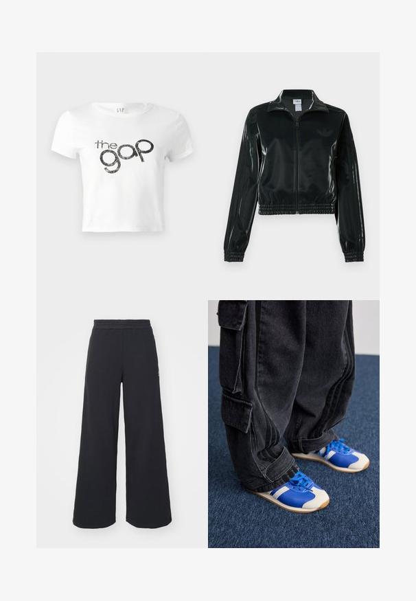 Jachetă neagră lucioasă, scurtă, cu fermoar frontal, guler înalt și tiv elastic. Are trei dungi pe mâneci și un mic logo pe piept.; Tricou alb scurt din bumbac, cu un logo grafic negru sclipitor "the gap" pe față. Mâneci scurte și decolteu rotund.; Pantaloni de trening negri, cu picioare largi, confecționați dintr-un material moale, având un talie elastică și un logo mic pe partea stângă.; Persoană îmbrăcată în pantaloni cargo negri largi și adidași alb-albaștri stând pe un covor albastru închis.