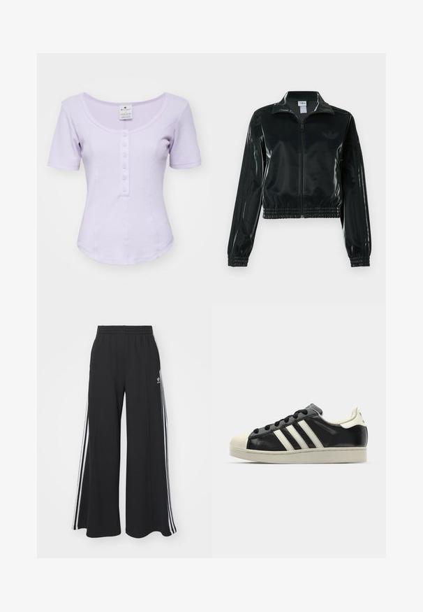 Fekete, fényes rövidített dzseki cipzárral az elején, magas gallérral és elasztikus szegéllyel. Három csík díszíti az ujjakat, és kis logó található a mellrészen.; Levendula színű, rövidujjú felső, mély kivágással, elöl gombos pánttal és alakra szabott, bordázott textúrával.; Fekete, bő szárú melegítőnadrág, rugalmas derékkal, fehér oldalsávokkal és hímzett logóval a bal combon.; Fekete bőrsneaker fehér csíkokkal, gumírozott orral, fekete fűzővel és krém színű talppal. Simaság és fényes felület jellemzi.