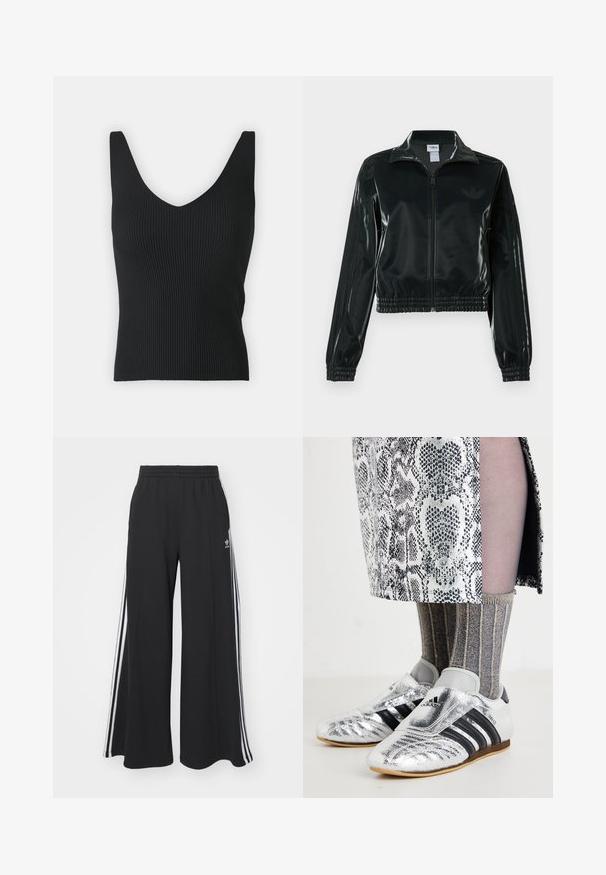Sort, glinsende cropped jakke med lynlås foran, høj krave og elastisk kant. Har tre striber på ærmerne og et lille logo på brystet.; Sort ribbet tanktop med en dyb V-udskæring og brede skulderstropper. Glat tekstur, tætsiddende silhuet og ingen synlige dekorationer.; Sorte brede sweatpants med elastisk talje, med hvide sidelommer og et broderet logo på venstre lår.; Sølvfodboldstøvler med sorte striber og et strømlinet design, parret med strukturerede grå og guld stribede sokker og et mønstret nederdel.