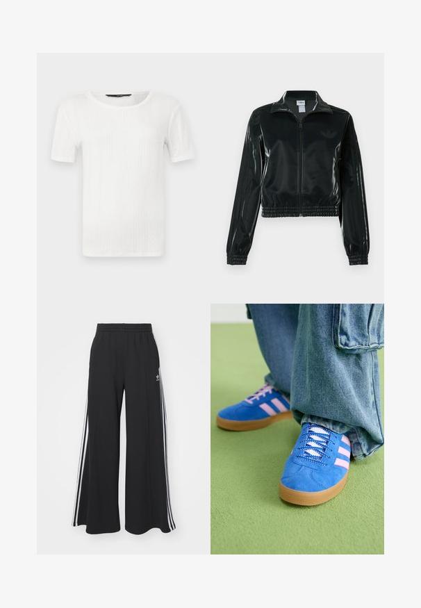 Black glossy cropped jacket with a zip front, high collar, and elasticized hem. Features three stripes on sleeves and a small logo on the chest.; White short-sleeve top made from textured fabric, featuring vertical ribbing and a round neckline. Simple design with no embellishments.; Black wide-leg sweatpants with an elastic waistband, featuring white side stripes and an embroidered logo on the left thigh.; Blue suede shoes with pink stripes and white laces, featuring a gum rubber sole, paired with loose denim pants on a green surface.