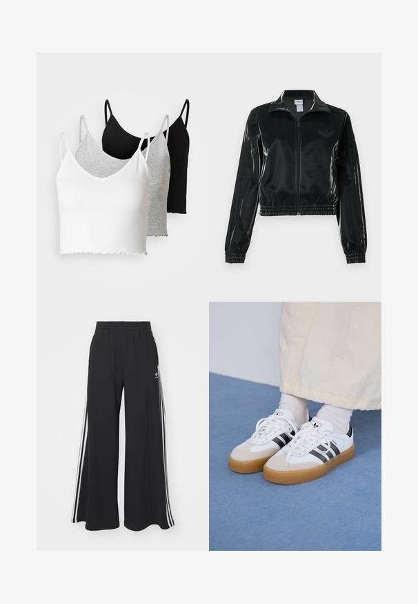 Must läikiv lühike jakk lukuga esiküljel, kõrge krae ja elastse äärega. Varrukatel on kolm triipu ja rinnal väike logo.; Even&Odd 3 PACK - Topp - black/white/grey; Mustad laiad trenni püksid elastse vöökohtaga, millel on valged küljeribad ja tikitud logo vasakul reiel.; Valged tossud mustade triipudega ja beeži nahaga aktsentidega. Omavad tekstuuriga kummist talla ja lamedaid valgeid paelu, kantud heledate sokkidega.