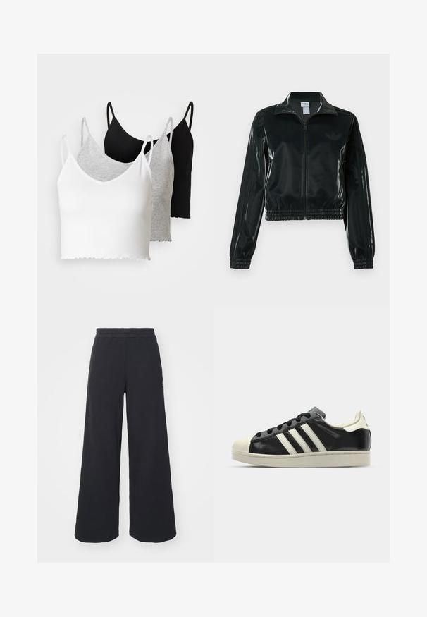 Čierna lesklá skrátená bunda so zipsom vpredu, vysokým golierom a elastickým lemom. Rukávy zdobia tri pruhy a na hrudi je malý logo.; Even&Odd 3 PACK - Top - black/white/grey; Čierne širšie tepláky vyrobené z mäkkej látky, s elastickým pásom a malým logom na ľavej strane.; Čierne kožené tenisky s bielymi pruhmi, gumenou špičkou, čiernymi šnúrkami a krémovobielou podrážkou. Hladký povrch s lesklým finišom.