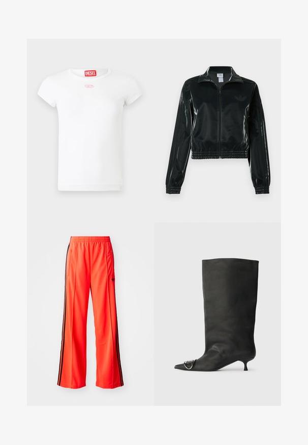 adidas Originals HOLIDAY - Jachetă de vară - black; Tricou alb cu mânecă scurtă pentru femei Diesel, cu eticheta logo roșie în interiorul gulerului și un emblema roz brodată sub gât.; Pantaloni sportivi portocalii strălucitori, cu un design cu picioare largi, având dungi negre pe laterale și un elastic în talie. Include o pungă cu fermoar.; Botină neagră din piele cu vârf ascuțit, toc mic și detaliu metalic pe vârf. Textură netedă, mată pe întreaga suprafață.