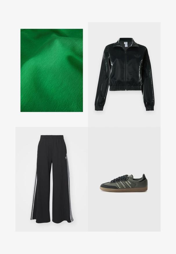 Chaqueta corta negra brillante con cremallera en el frente, cuello alto y dobladillo elástico. Presenta tres rayas en las mangas y un pequeño logo en el pecho.; Tejido verde texturizado con un patrón de estrías finas, que presenta características de superficie suave y lisa. Ligero brillo visible.; Pantalones de chándal negros de pierna ancha con una cinturilla elástica, que presentan franjas blancas a los lados y un logo bordado en el muslo izquierdo.; adidas Originals SAMBA OG - Zapatillas - core black/legend earth/gum