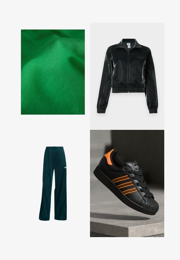 Black glossy cropped jacket with a zip front, high collar, and elasticized hem. Features three stripes on sleeves and a small logo on the chest.; Green textured fabric with a fine ribbed pattern, displaying smooth and soft surface characteristics. Slight sheen visible.; Dark teal athletic pants made from lightweight fabric, featuring a simple design, elastic waistband, and white side accents.; Black sneaker with orange accents, three horizontal stripes, textured leather upper, rubber toe cap, and black laces.