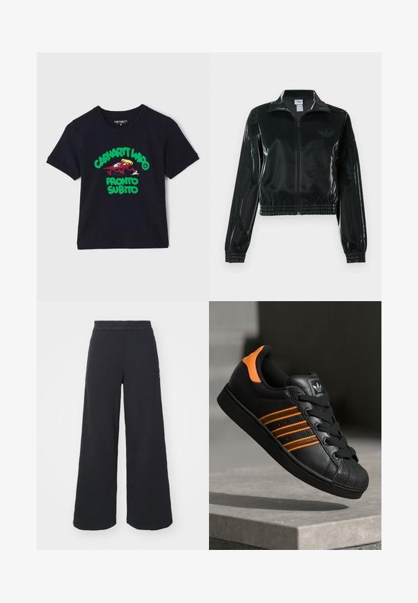 Fekete, fényes rövidített dzseki cipzárral az elején, magas gallérral és elasztikus szegéllyel. Három csík díszíti az ujjakat, és kis logó található a mellrészen.; Fekete pamut póló rövid ujjakkal, színes grafikai ábrázolással egy mesefiguráról és a "CARHARTT WIP PRONTO SUBITO" szöveggel zöld és piros színben.; Fekete, bő szárú melegítőnadrág, puha anyagból készült, rugalmas derékkal és egy kis logóval a bal oldalon.; Fekete sportcipő narancssárga részletekkel, három vízszintes csíkkal, texturált bőr felsőrésszel, gumis orral és fekete fűzőkkel.