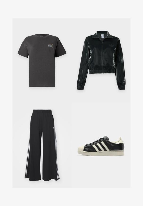 Črno, sijočo kratko jakno z zadrgo spredaj, visokim ovratnikom in elastičnim spodnjim robom. Na rokavih so tri črte, na prsih pa majhen logotip.; Siva bombažna majica s kratkimi rokavi. Ima majhen barvit vezen dizajn na prsih z napisom "Billing." Klasičen kroj.; Črne široke trenirke z elastičnim pasom, ki imajo bele stranske proge in vezeno logo na levi stegna.; Črne usnjene superge z belimi črtami, gumijastim pokrovom za prste, črnimi vezalkami in kremasto obrobo podplata. Gladka tekstura z sijočim zaključkom.