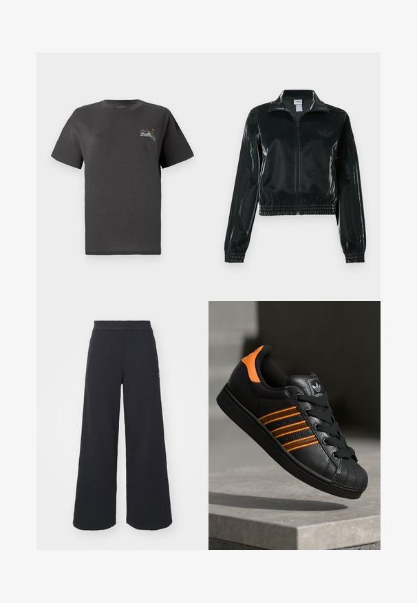 Crna sjajna kratka jakna s patentnim zatvaračem sprijeda, visokim ovratnikom i porubom s elastikom. Na rukavima ima tri pruge i mali logo na prsima.; Siva pamučna majica kratkih rukava. Na prsima ima mali višebojni izvezeni dizajn s natpisom "Billing". Klasičan kroj.; Crne široke sweatpants hlače napravljene od mekog materijala, s elastičnim strukom i malim logotipom s lijeve strane.; Crni tenisice s narančastim naglascima, tri horizontalne pruge, teksturirani kožni gornji dio, gumen kapica za prste i crne vezice.