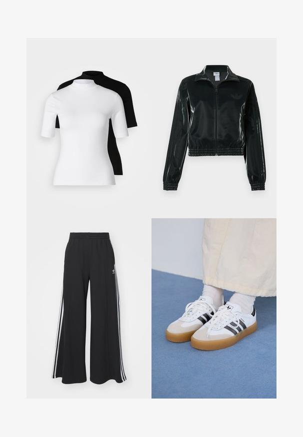 Black glossy cropped jacket with a zip front, high collar, and elasticized hem. Features three stripes on sleeves and a small logo on the chest.; Set of two fitted turtleneck tops in white and black. Short sleeves, smooth cotton fabric, and close-fitting design. No patterns or graphics.; Black wide-leg sweatpants with an elastic waistband, featuring white side stripes and an embroidered logo on the left thigh.; White sneakers with black stripes and beige suede accents. Feature a textured gum sole and flat white laces, worn with light-colored socks.