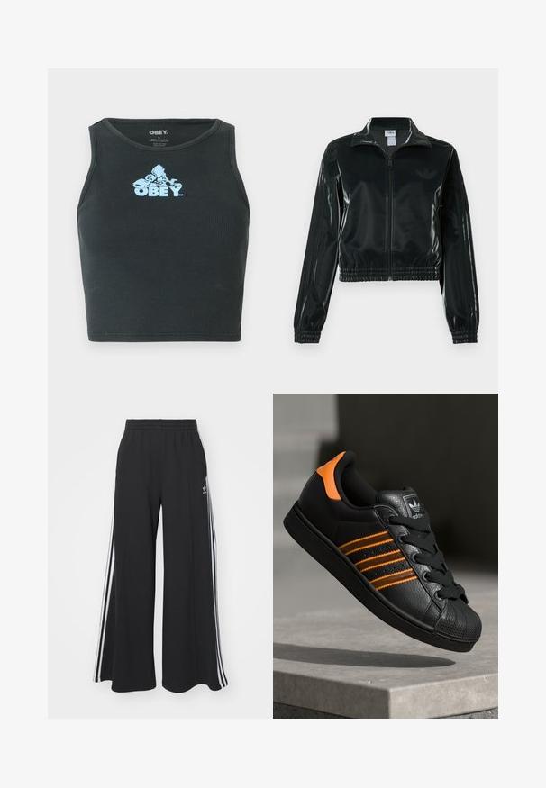 Black glossy cropped jacket with a zip front, high collar, and elasticized hem. Features three stripes on sleeves and a small logo on the chest.; Black ribbed cotton crop tank top featuring a light blue graphic logo centered on the chest. Sleeveless design with a round neckline.; Black wide-leg sweatpants with an elastic waistband, featuring white side stripes and an embroidered logo on the left thigh.; Black sneaker with orange accents, three horizontal stripes, textured leather upper, rubber toe cap, and black laces.