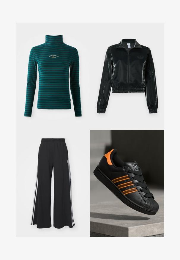 Chaqueta corta negra brillante con cremallera en el frente, cuello alto y dobladillo elástico. Presenta tres rayas en las mangas y un pequeño logo en el pecho.; Top de cuello alto de manga larga en color teal con rayas horizontales en azul oscuro. Presenta un pequeño logo en blanco y dorado en el pecho. Tejido suave y elástico.; Pantalones de chándal negros de pierna ancha con una cinturilla elástica, que presentan franjas blancas a los lados y un logo bordado en el muslo izquierdo.; Zapatilla negra con acentos naranjas, tres franjas horizontales, parte superior de cuero texturizado, punta de goma y cordones negros.
