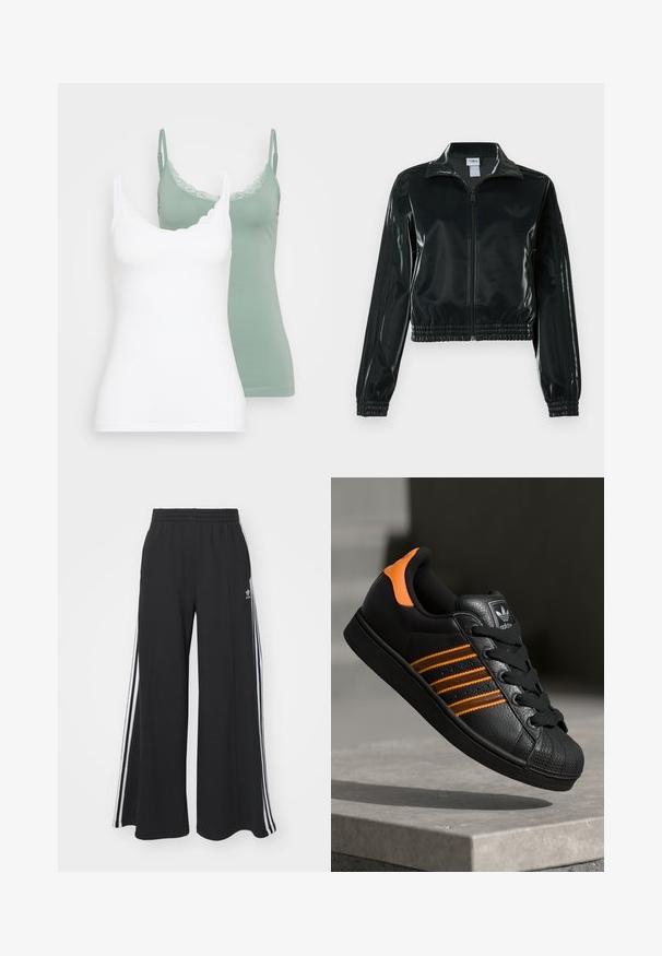 Black glossy cropped jacket with a zip front, high collar, and elasticized hem. Features three stripes on sleeves and a small logo on the chest.; Two camisole tops: one white, one sage green. Both feature a lace-trimmed neckline and thin adjustable straps. Soft, smooth fabric.; Black wide-leg sweatpants with an elastic waistband, featuring white side stripes and an embroidered logo on the left thigh.; Black sneaker with orange accents, three horizontal stripes, textured leather upper, rubber toe cap, and black laces.
