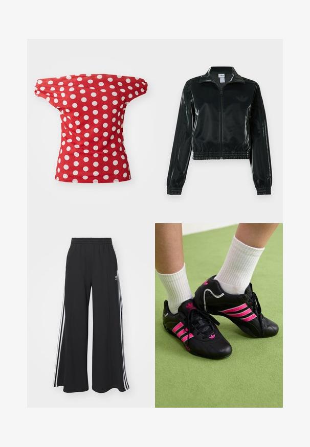 Chaqueta corta negra brillante con cremallera en el frente, cuello alto y dobladillo elástico. Presenta tres rayas en las mangas y un pequeño logo en el pecho.; Blusa roja de manga corta con un diseño de hombros al descubierto, con lunares blancos. Fabricada en una tela suave con un corte ajustado.; Pantalones de chándal negros de pierna ancha con una cinturilla elástica, que presentan franjas blancas a los lados y un logo bordado en el muslo izquierdo.; Zapatillas deportivas negras con tres franjas rosas, parte superior de cuero texturizado, cordones negros y detalle del logo, combinadas con calcetines blancos acanalados sobre una superficie verde.
