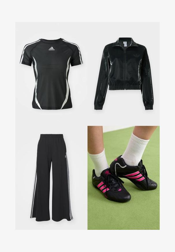 Musta kiiltävä lyhyt takki vetoketjulla, korkealla kauluksella ja joustavalla helmalla. Hihoissa on kolme raitaa ja rinnassa pieni logo.; Mustapohjainen Adidas lyhythihainen urheilupaita, jossa on valkoiset raidat harteilla ja hopeiset kaarevat yksityiskohdat sivuilla.; Mustat löysät verkkarit, joissa on joustava vyötärö, valkoiset sivuraidat ja brodeerattu logo vasemmassa reidessä.; Mustat urheilukengät, joissa on kolme vaaleanpunaista raitaa, pintakuvioitu nahkaosa, mustat nauhat ja logot yksityiskohtana, yhdistetty valkoisiin ribbineuleisiin sukkiin vihreällä pinnalla.