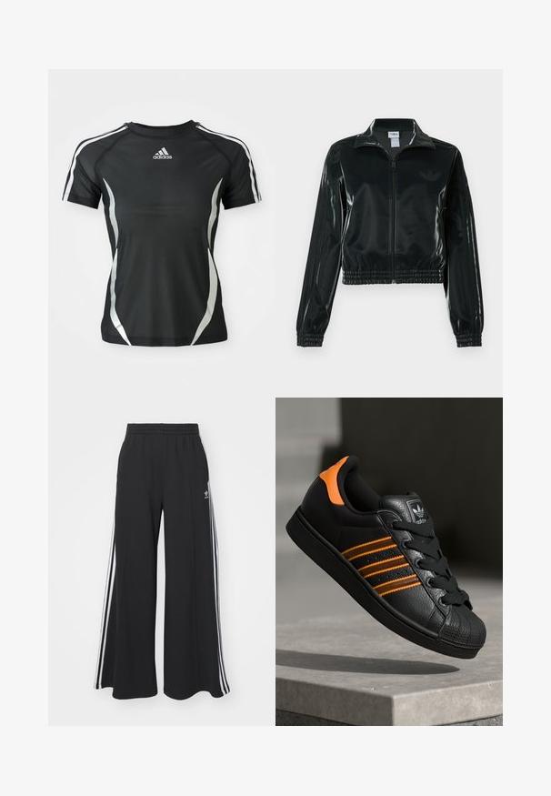Sort blank cropped jakke med glidelås foran, høy krage og elastisk nederkant. Har tre striper på ermene og en liten logo på brystet.; Svart Adidas treningst-skjorte med korte ermer, hvite striper på skuldrene og sølvfargede buede detaljer på sidene.; Svart vide joggebukser med elastisk midjebånd, med hvite sidestriper og brodert logo på venstre lår.; Svart sneaker med oransje detaljer, tre horisontale striper, teksturert skinnoverdel, gummitå, og svarte lisser.
