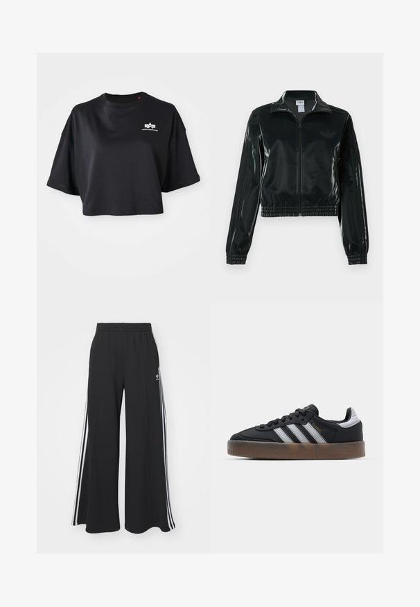 Czarna błyszcząca krótka kurtka na zamek błyskawiczny z przodu, z wysokim kołnierzem i elastycznym wykończeniem na dole. Na rękawach znajdują się trzy paski, a na piersi małe logo.; Czarna krótka koszulka z bawełny, z okrągłym dekoltem, krótkimi rękawami i białym logo na piersi. Gładka tekstura.; Czarne szerokie spodnie dresowe z elastycznym pasem, z białymi paskami po bokach i haftowanym logo na lewej udzie.; Czarne sneakersy o eleganckim wzornictwie, z trzema białymi paskami, czarnym językiem i fakturowaną brązową gumową podeszwą. Akcenty złotego napisu.