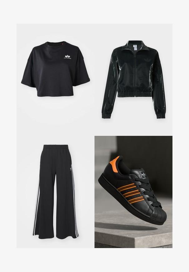 Musta kiiltävä lyhyt takki vetoketjulla, korkealla kauluksella ja joustavalla helmalla. Hihoissa on kolme raitaa ja rinnassa pieni logo.; Mustat lyhythihaiset puuvillapaidat, joissa on pyöreä pääntie, lyhyet hihat ja valkoinen logo rinnassa. Sileä rakenne.; Mustat löysät verkkarit, joissa on joustava vyötärö, valkoiset sivuraidat ja brodeerattu logo vasemmassa reidessä.; Musta sneaker oransseilla yksityiskohdilla, kolme vaakasuuntaista raitaa, tekstuuri-nahkapinta, kuminen varvaskansi ja mustat nauhat.