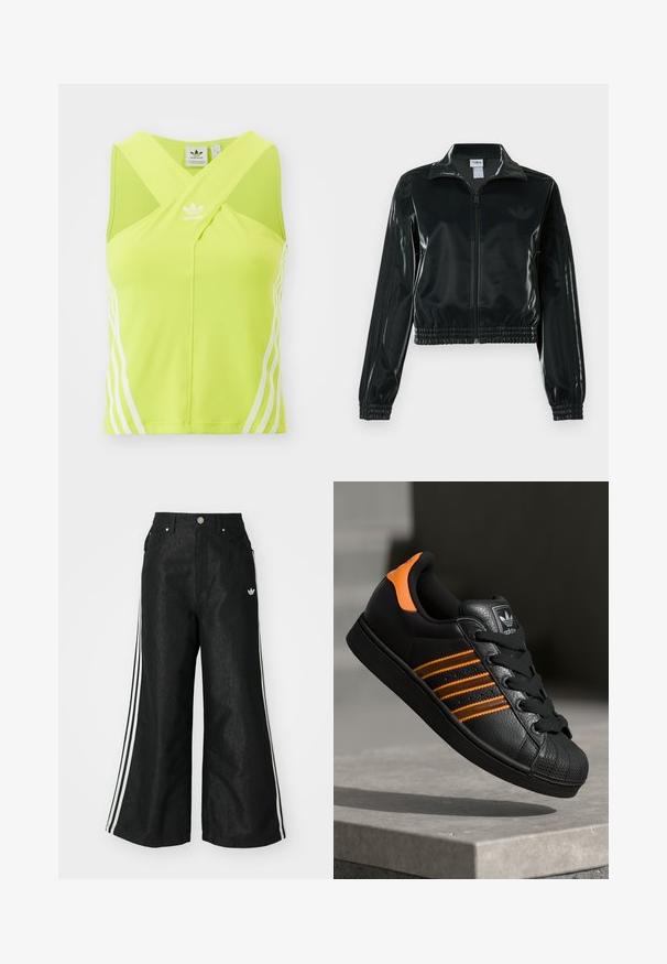 Juoda blizgi trumpa striukė su užtrauktuku priekyje, aukštu apykakliu ir elastine apačia. Rankovėse trys dryžiai ir mažas logotipas ant krūtinės.; Žalia sportinė baikerytė su kryžmine priekinėmis dalimis, balta Adidas logotipas ir trys baltos juostos kairėje pusėje. Lygi medžiagos tekstūra.; Juodos plačios džinsinės kelnės su trimis baltais juostelėmis kiekvienoje pusėje ir mažu baltu logotipu. Yra priekiniai kišenės ir sagčių užsegimas.; Juodas sportinis batelis su oranžiniais akcentais, trimis horizontaliomis juostelėmis, tekstūruota odinė viršutinė dalis, guminiu nosių dangteliu ir juodomis raišteliais.
