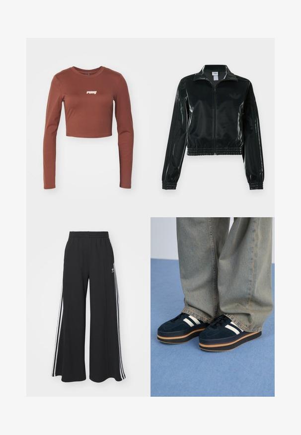 Giacca nera lucida corta con zip frontale, colletto alto e orlo elasticizzato. Presenta tre strisce sulle maniche e un piccolo logo sul petto.; Crop top a maniche lunghe marrone realizzato in un materiale elastico, con un logo bianco "ruby" sul davanti. Texture liscia e design aderente.; Pantaloni in felpa neri a gamba larga con vita elastica, dotati di strisce bianche sui lati e un logo ricamato sulla coscia sinistra.; Sneakers platform in suede blu scuro con strisce bianche e lacci neri. Presentano una spessa suola in gomma marrone. Indossati con pantaloni di jeans azzurri.