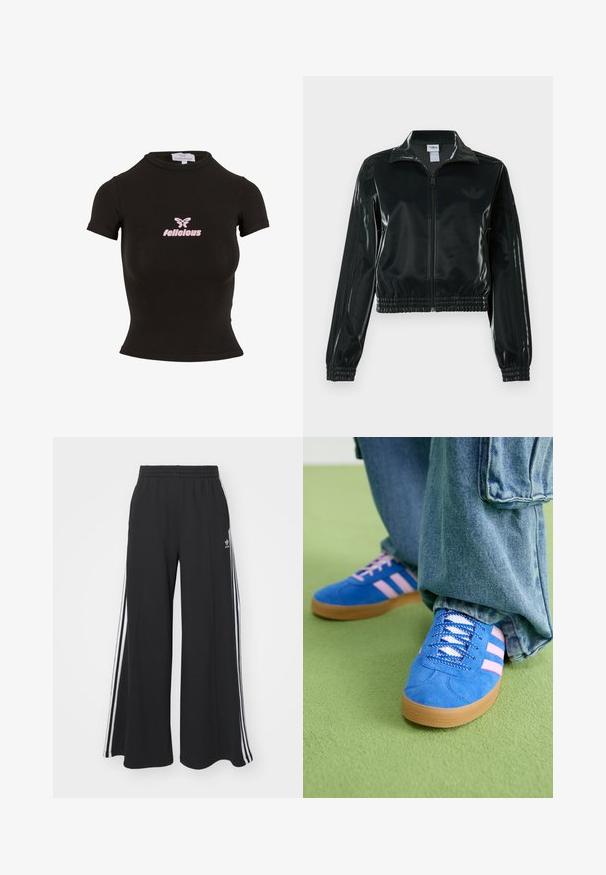 Melna spīdīga īsā jaka ar rāvējslēdzēja priekšpusi, augstu apkakli un elastīgu apakšu. Piedevas ir trīs svītras uz piedurknēm un neliels logotips uz krūtīm.; Melna īsām piedurknēm korta topa izstrādāta no elastīga materiāla. Priekšpusē ir rozā "felicious" logo un tauriņa grafika.; Melnas plašas sporta bikses ar elastīgu jostasvietu, kurām ir baltas sānu svītras un izšūts logo kreisajā augšstilbā.; Zilas zamšādas kurpes ar rozā svītrām un baltām šņorēm, aprīkotas ar gumijas zoli, kopā ar brīvām džinsu biksēm uz zaļas virsmas.