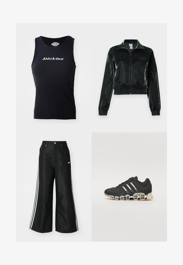 Fekete, fényes rövidített dzseki cipzárral az elején, magas gallérral és elasztikus szegéllyel. Három csík díszíti az ujjakat, és kis logó található a mellrészen.; Fekete bordás ujjatlan póló, lekerekített nyakkivágással és a "Dickies" logóval fehér színben a mellkason.; Fekete, bő szárú farmernadrág, mindkét oldalon három fehér csík díszítéssel és egy kis fehér logóval. Elölzsebekkel és gombos záródással rendelkezik.; Fekete sportcipő texturált felsőrésszel, három ezüst csíkkal, és egy jellegzetes párnázott talppal, amely több integrált szakaszból áll.