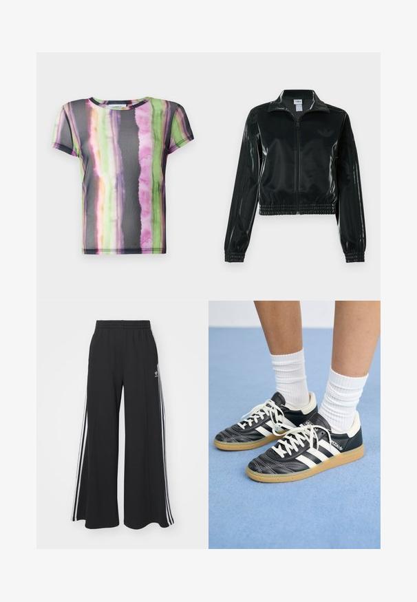 Must läikiv lühike jakk lukuga esiküljel, kõrge krae ja elastse äärega. Varrukatel on kolm triipu ja rinnal väike logo.; Lühikeste varrukatega T-särk, mis on valmistatud läbipaistvast kangast ja millel on värvikas akvarelli triipude muster rohelises, roosas ja lillakas toonis.; Mustad laiad trenni püksid elastse vöökohtaga, millel on valged küljeribad ja tikitud logo vasakul reiel.; Mustad nahast tennisetossud valgete triipudega, ümar nina, valged paelad ja kummist tallad. Esiletõstetud pehmendatud krae ja brändingu detailid.