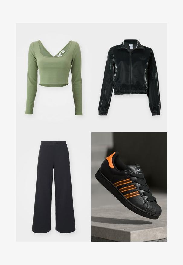 Fekete, fényes rövidített dzseki cipzárral az elején, magas gallérral és elasztikus szegéllyel. Három csík díszíti az ujjakat, és kis logó található a mellrészen.; Khaki zöld, hosszú ujjú, cropped felső bordás textúrával és széles nyakkal. Címkék láthatóak a gallérnál.; Fekete, bő szárú melegítőnadrág, puha anyagból készült, rugalmas derékkal és egy kis logóval a bal oldalon.; Fekete sportcipő narancssárga részletekkel, három vízszintes csíkkal, texturált bőr felsőrésszel, gumis orral és fekete fűzőkkel.