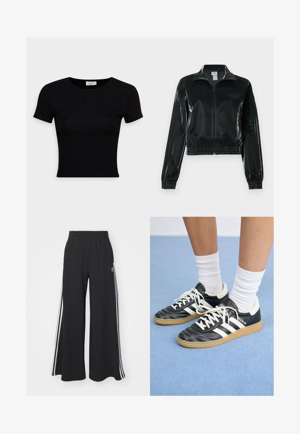 Must läikiv lühike jakk lukuga esiküljel, kõrge krae ja elastse äärega. Varrukatel on kolm triipu ja rinnal väike logo.; Musthave musta lühikeste varrukatega T-särk, mis on valmistatud siledast puuvillakangast, ümarama kaelusega ja sobiva lõikega. Minimalistlik, ilma nähtavate mustriteta.; Mustad laiad trenni püksid elastse vöökohtaga, millel on valged küljeribad ja tikitud logo vasakul reiel.; Mustad nahast tennisetossud valgete triipudega, ümar nina, valged paelad ja kummist tallad. Esiletõstetud pehmendatud krae ja brändingu detailid.