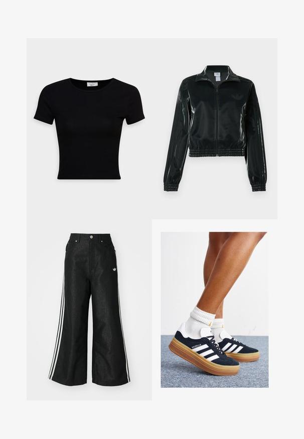Black glossy cropped jacket with a zip front, high collar, and elasticized hem. Features three stripes on sleeves and a small logo on the chest.; Black short-sleeve t-shirt made of smooth cotton fabric, featuring a round neckline and a fitted design. Minimalistic with no visible patterns.; Black wide-leg denim pants with three white stripe accents on each side and a small white logo. Features front pockets and a button closure.; Black suede sneakers with white stripes and accents, rounded toe, gum rubber outsole, paired with white ribbed crew socks.