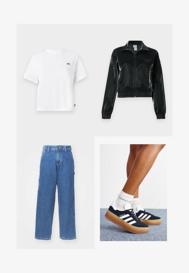 Črno, sijočo kratko jakno z zadrgo spredaj, visokim ovratnikom in elastičnim spodnjim robom. Na rokavih so tri črte, na prsih pa majhen logotip.; Bela bombažna majica s sproščenim krojem, ki ima majhen logotip na prsih in oznako na strani za dodatne podrobnosti.; Modre široke kavbojke z visokim pasom, gumbom za zapiranje in stranskimi žepom. Oblečene z bledejšim pranjem, mehko teksturo in ravnim krojem.; Črni antilop superge z belimi črtami in poudarki, okrogel prst, gumijasti podplat, kombinirane z belimi rebrastimi nogavicami.