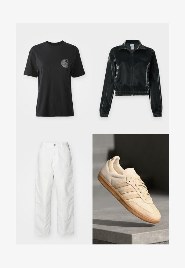 Zwarte glanzende cropped jas met een ritssluiting aan de voorkant, hoge kraag en elastische zoom. Voorzien van drie strepen op de mouwen en een klein logo op de borst.; Zwarte katoenen T-shirt met een ronde hals en korte mouwen, afgewerkt met een gestructureerde grafiek van een spiraalontwerp op de linkerkant van de borstzak.; Witte cargobroek van denim, met een relaxte pasvorm, zijzakken en zichtbare stiksels. Eenvoudige voorkant met een knoopsluiting.; Lichtbeige suède sneaker met een gumrubberen buitenzool, drie diagonale strepen en een textuur op de neus. Voorzien van een logo op de tong en de zijkant.