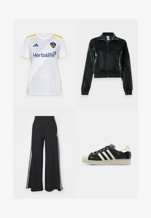 Must läikiv lühike jakk lukuga esiküljel, kõrge krae ja elastse äärega. Varrukatel on kolm triipu ja rinnal väike logo.; Valge spordivormi särk, millel on diagonaalsed sinised triibud, kollased aktsendid ja "Herbalife" logo. Mugavuse tagamiseks lühikesed varrukad.; Mustad laiad trenni püksid elastse vöökohtaga, millel on valged küljeribad ja tikitud logo vasakul reiel.; Must have nahkased mustad tossud valgete triipudega, kummist varbakattega, mustade paeltega ja kreemika värvusega tallaga. Sile tekstuur ja läikiv viimistlus.