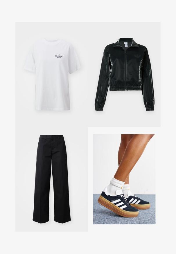 Zwarte glanzende cropped jas met een ritssluiting aan de voorkant, hoge kraag en elastische zoom. Voorzien van drie strepen op de mouwen en een klein logo op de borst.; Witte katoenen t-shirt met een relaxte pasvorm. Heeft korte mouwen en een klein zwart "Carhartt WIP" logo op de linker borst.; Zwarte wijde broek van zacht katoen. Voorzien van een klassieke tailleband, zijzakken en een rechte snit naar de zoom.; Zwarte suède sneakers met witte strepen en accenten, ronde neus, gum rubberen buitenzool, gecombineerd met witte geribbelde crewkousen.