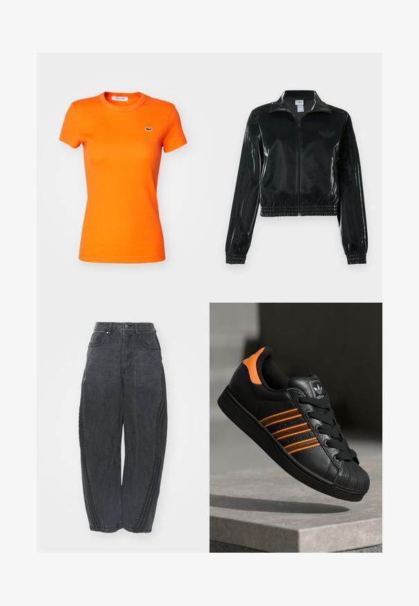 Črno, sijočo kratko jakno z zadrgo spredaj, visokim ovratnikom in elastičnim spodnjim robom. Na rokavih so tri črte, na prsih pa majhen logotip.; Lacoste Navadna majica - buoy; Ohlapne črne denim hlače z izbledelim zaključkom, petimi žepi, zapiranjem z gumbom na pasu in šivanim detajlom spredaj ter ob straneh.; Črne športne copate z oranžnimi akcenti, tremi vodoravnimi črtami, zgornjim delom iz teksturirane usnjene tkanine, gumijastim zaščitnim pokrovom za prste in črnimi vezalkami.