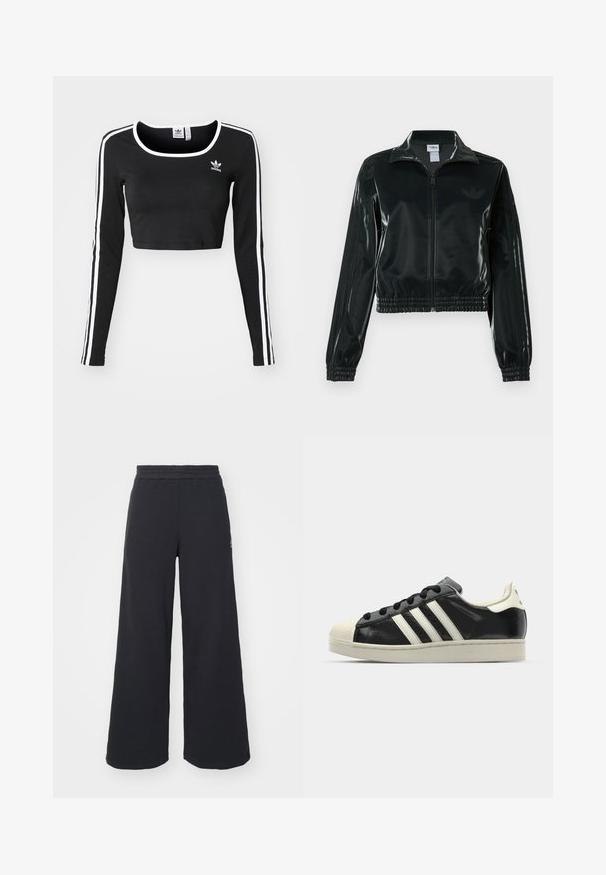 Sort blank cropped jakke med glidelås foran, høy krage og elastisk nederkant. Har tre striper på ermene og en liten logo på brystet.; Svart kortermet langermet topp laget av bomull, med hvite sidestropp og rund halslinning, med en liten svart logo på brystet.; Svart bukse med vid benvidde laget av myk stoff, med elastisk midjebånd og en liten logo på venstre side.; Svarte skinnsneakers med hvite striper, gummitopp, svarte lisser og en kremfarget såle. Glatt tekstur med blank finish.
