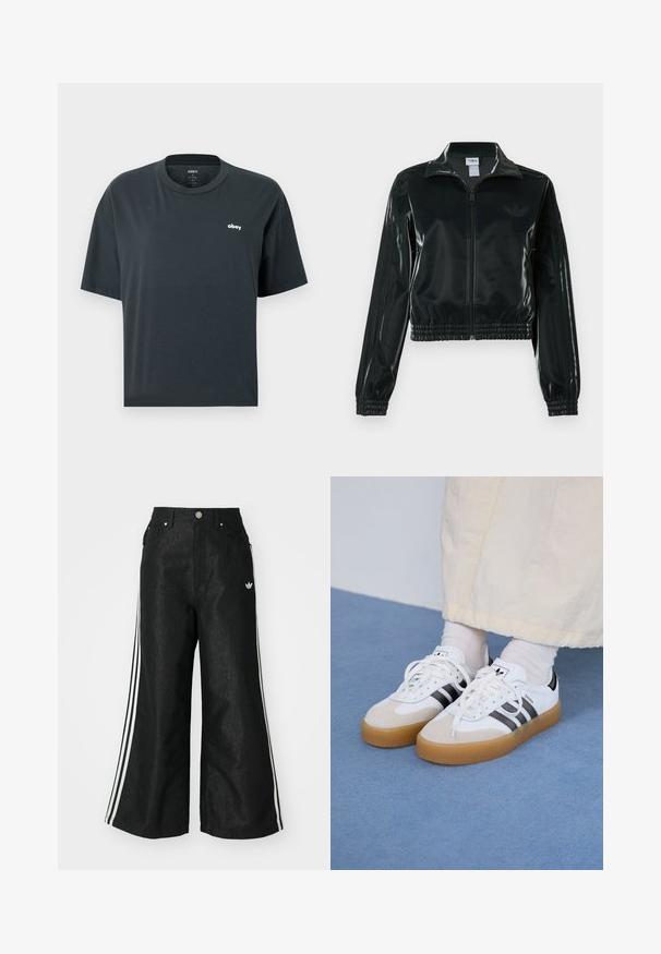 Black glossy cropped jacket with a zip front, high collar, and elasticized hem. Features three stripes on sleeves and a small logo on the chest.; Black short-sleeve unisex T-shirt with small white "obey" logo on left chest and rounded neckline.; Black wide-leg denim pants with three white stripe accents on each side and a small white logo. Features front pockets and a button closure.; White sneakers with black stripes and beige suede accents. Feature a textured gum sole and flat white laces, worn with light-colored socks.