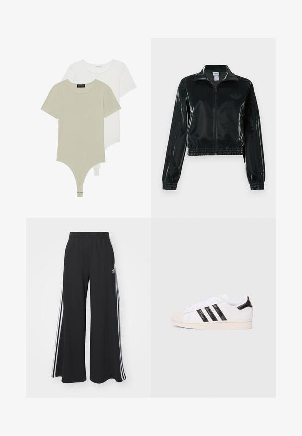 Black glossy cropped jacket with a zip front, high collar, and elasticized hem. Features three stripes on sleeves and a small logo on the chest.; Two short-sleeve bodysuits in light green and white, made of soft cotton. Features a scoop neck and thong bottom with snap closure.; Black wide-leg sweatpants with an elastic waistband, featuring white side stripes and an embroidered logo on the left thigh.; White sneaker with black textured stripes and accents; features a rubber toe cap, flat laces, and cushioning around the ankle.