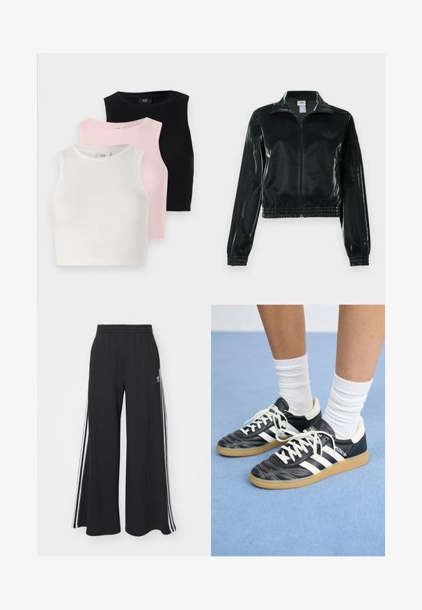Black glossy cropped jacket with a zip front, high collar, and elasticized hem. Features three stripes on sleeves and a small logo on the chest.; Three sleeveless crop tops in a ribbed texture: white, light pink, and black. Each features a round neckline and a fitted design.; Black wide-leg sweatpants with an elastic waistband, featuring white side stripes and an embroidered logo on the left thigh.; Black leather sneakers with white stripes, round toe, white laces, and gum rubber sole. Accentuated by padded collar and branding details.