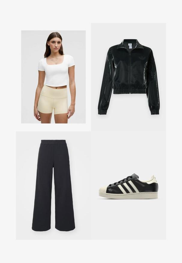 Zwarte glanzende cropped jas met een ritssluiting aan de voorkant, hoge kraag en elastische zoom. Voorzien van drie strepen op de mouwen en een klein logo op de borst.; Witte croptop met een vierkante halslijn, gecombineerd met lichtbeige high-waisted shorts, gemaakt van een soepel materiaal met een aansluitend ontwerp.; Zwarte wijde sweatpants gemaakt van zachte stof, met een elastische tailleband en een klein logo aan de linkerkant.; Zwarte leren sneaker met witte strepen, rubberen teenbescherming, zwarte veters en een crèmekleurige loopzool. Glad oppervlak met een glanzende afwerking.