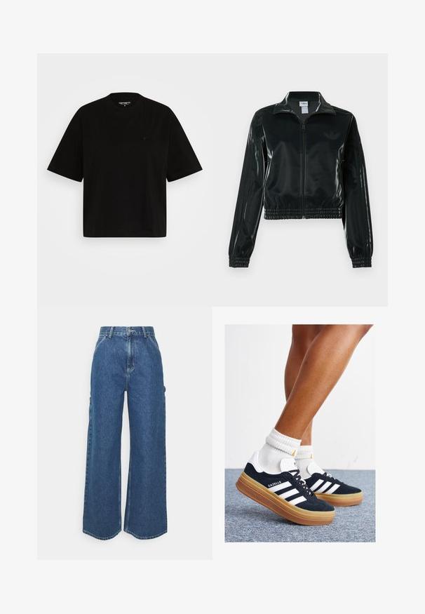 Black glossy cropped jacket with a zip front, high collar, and elasticized hem. Features three stripes on sleeves and a small logo on the chest.; Black cotton t-shirt with a relaxed fit, short sleeves, crew neckline, and a small logo detail on the left chest.; Wide-leg blue denim trousers with a high waist, contrasting stitching, and side pockets, featuring a classic five-pocket design and raw hems.; Black suede sneakers with white stripes and accents, rounded toe, gum rubber outsole, paired with white ribbed crew socks.