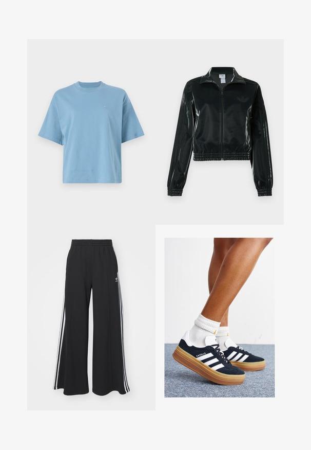 Jachetă neagră lucioasă, scurtă, cu fermoar frontal, guler înalt și tiv elastic. Are trei dungi pe mâneci și un mic logo pe piept.; Tricou scurt din bumbac, de culoare albastru deschis, cu mânecă scurtă, având un guler rotund și un mic logo pe piept. Croială lejeră, cu o textură netedă.; Pantaloni de trening negri cu croială largă, prevăzuți cu un brâu elastic, având dungi laterale albe și un logo brodat pe coapsa stângă.; Adidași negri din piele întoarsă cu dungi și accente albe, vârf rotund, talpă de cauciuc gumă, asortați cu șosete albe cu model nervurat.